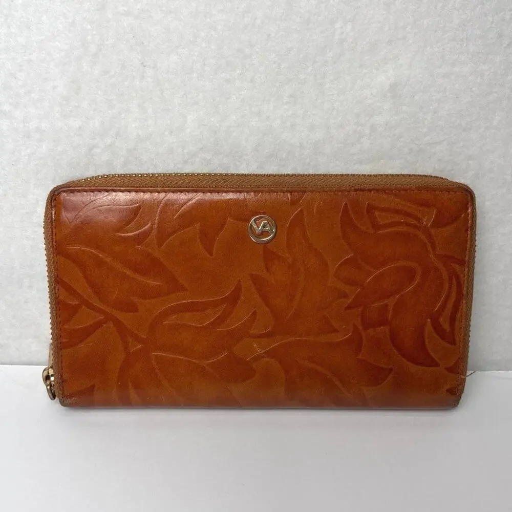 Valentina Italian Tulip Embossed Brown Leather Wallet Corner Zip Gold Hardware